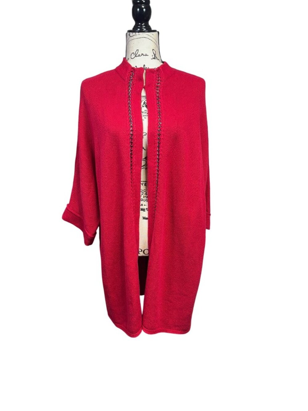 Red Open-Front Knit Cardigan With Chain-Trim Detail 3/4 Sleeves Lightweight Wome